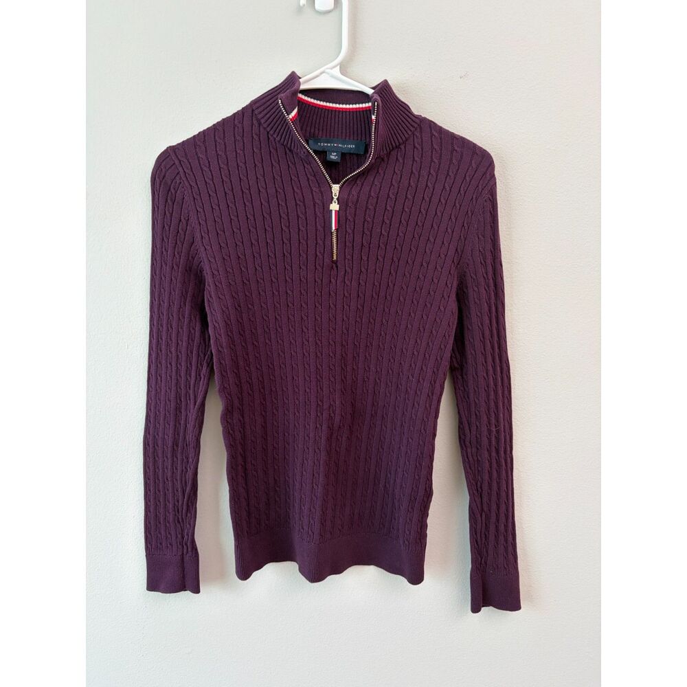 Tommy Hilfiger Purple Cable Knit Quarter Zip Sweater Womens Small Academic Fall